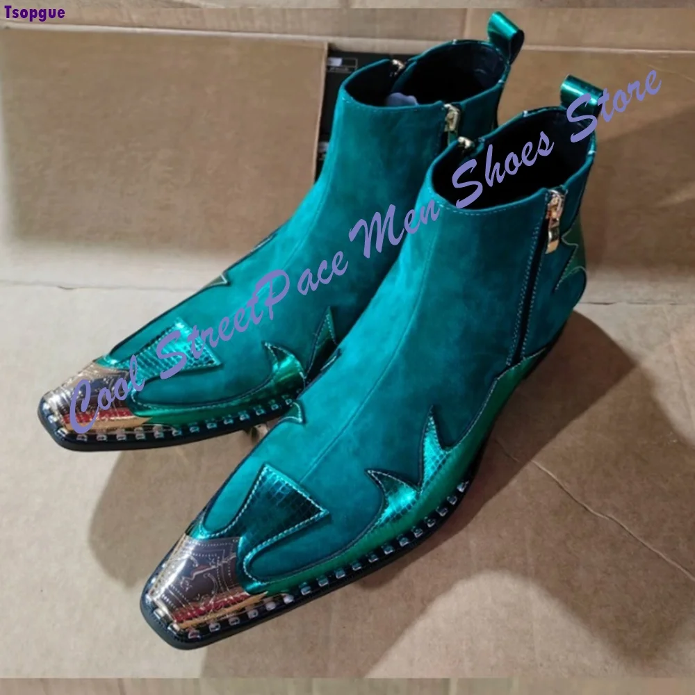 Western Cowboy Metallic Cap Toe Chelsea Boots Men Bright Green Suede Patchwork Rivet Mid Heel Fashion Performance Stage Shoes