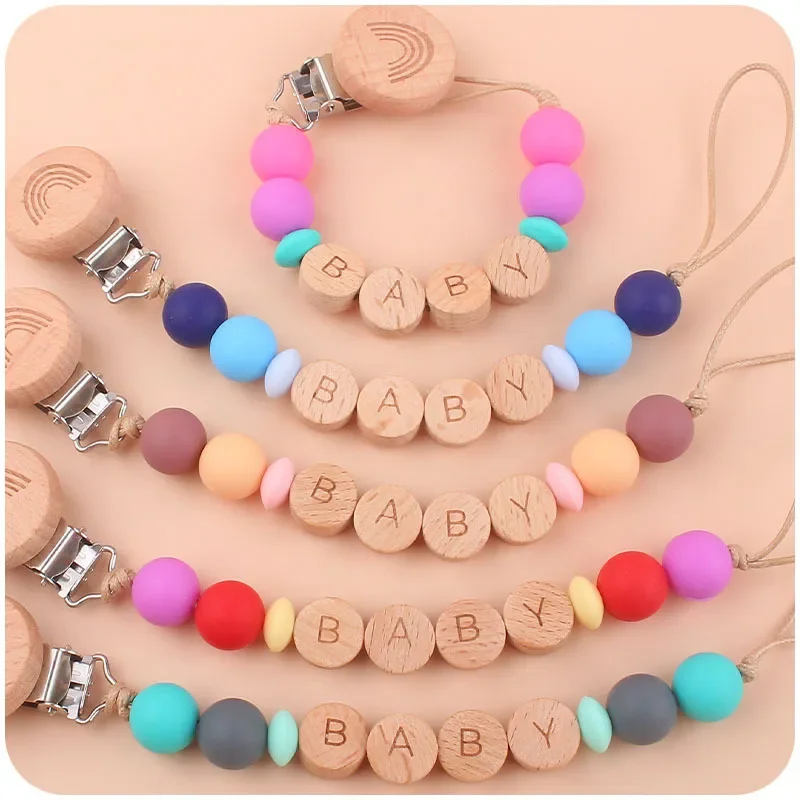 Kissteether New Cartoon Beech Wood Rainbow Clip For Baby Products DIY Name Soothing Pacifier Chain Anti Drop Chain Care Chew Toy