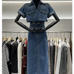Retro short sleeved slit denim dress 2024 summer new fashion V-neck temperament niche long dress