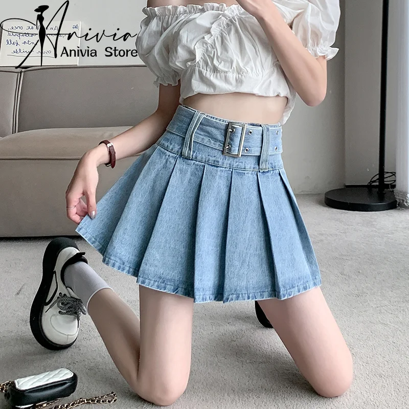 

Women's Summer High Waist Denim Short Skirt Streetwear Retro Fashion Belt Design A-line All match Casual Loose Pleated Skirt New