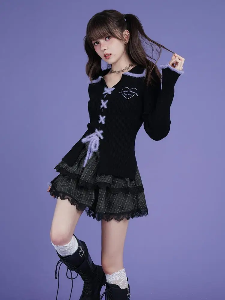 QWEEK Y2k Coquette Gothic Goht Kawaii Cute Bandage Sweater Women Sweet Girl Heart Love Embroidery Cardigan 2024 Autumn Winter