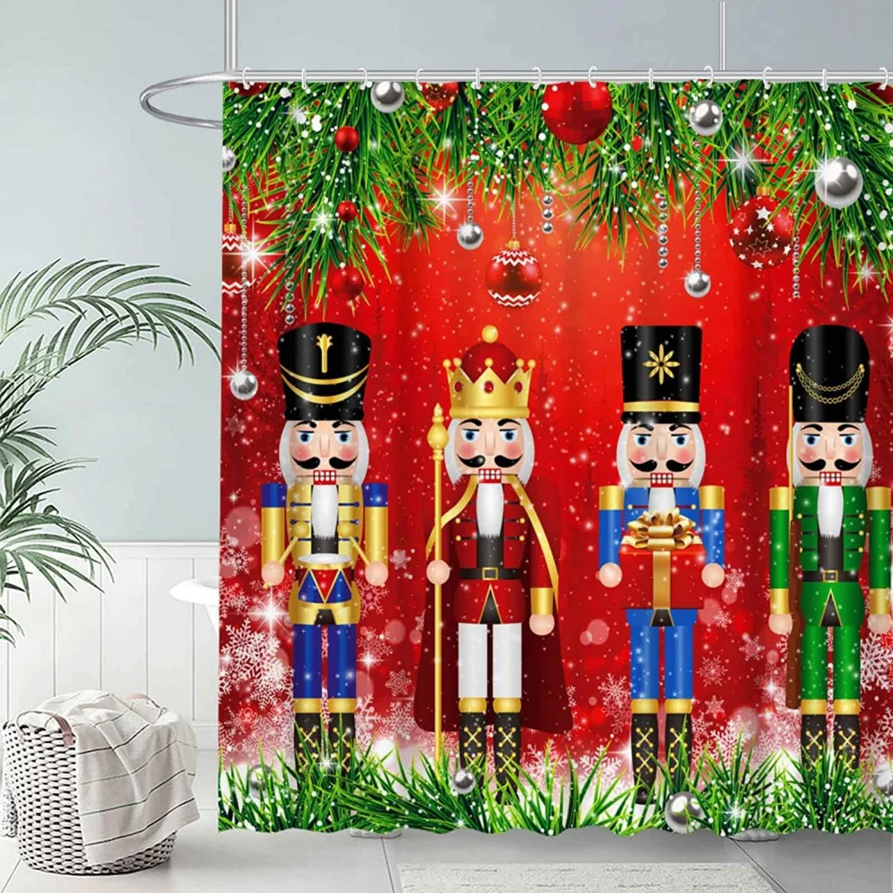 Merry Christmas Bathroom Shower Curtain Red Xmas Tree Snowflake Nutcracker soldier Winter Holiday Fabric Curtains with Hooks