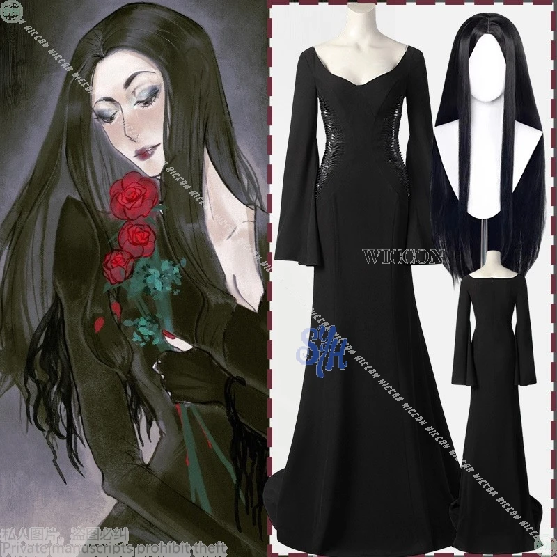 

Аниме фильм ужасов мама Morticiaaaa косплей все черные длинные парики гот сексуальное платье с глубоким V-образным вырезом Лолита Хэллоуин ролевая игра