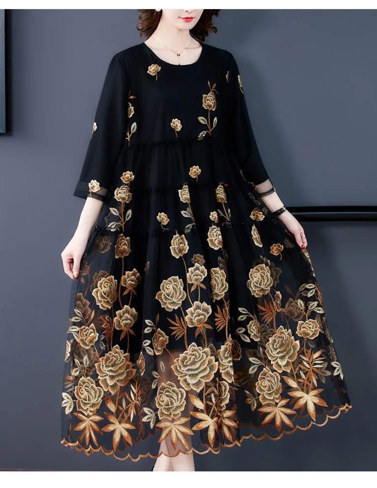 Chic Mesh Embroidered Dress 2024 Spring Autumn New Women's High-End A-Line Dress Flower Party Femme Vestidos y1421