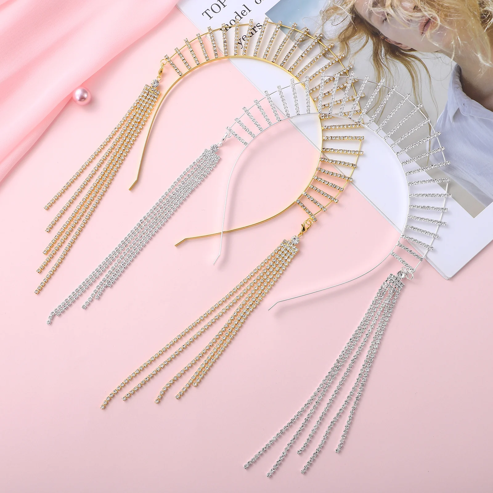 

2Pcs Rhinestones Tassel Crown Tiara Hair Accessories Women Wedding Engagement Birthday Festival Headpiece