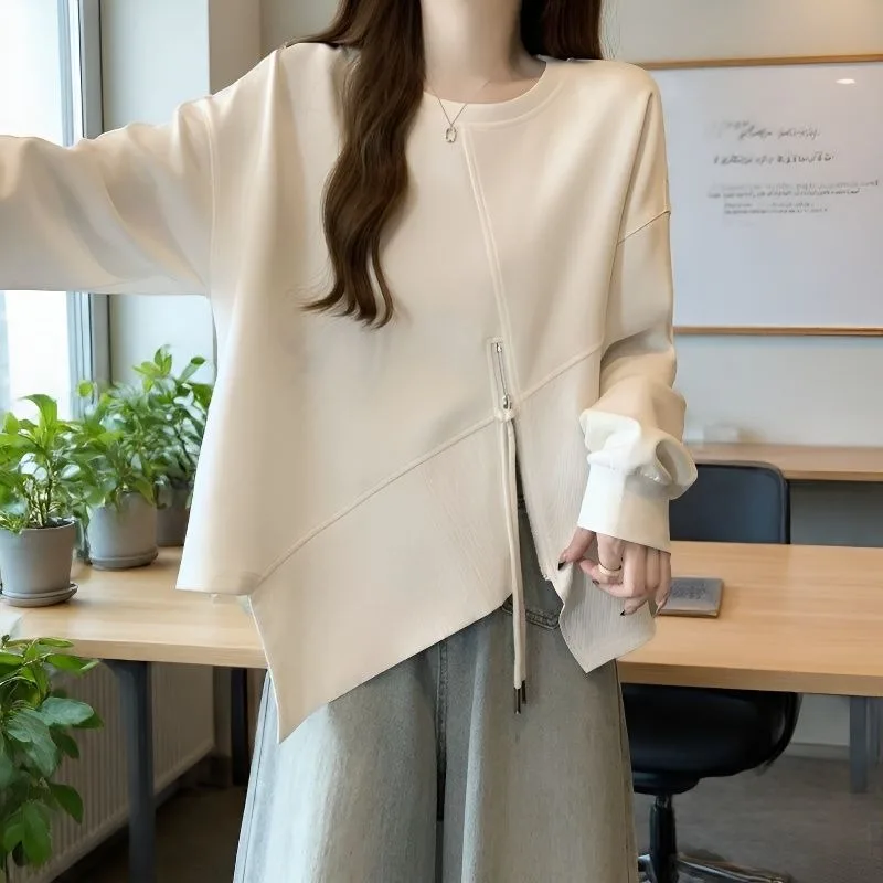Spring  Autumn Top Women's New Sweater Irregular Loose Belly Cover Long Sleeves Large Size Women's Clothing Fat Mm Design Sense