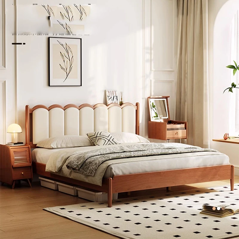 Retro Wood Twin Bed Bedroom Beauty Soft French Nordic Master Bed White Human High Camas Moderrnas Inteligentes Room Furniture