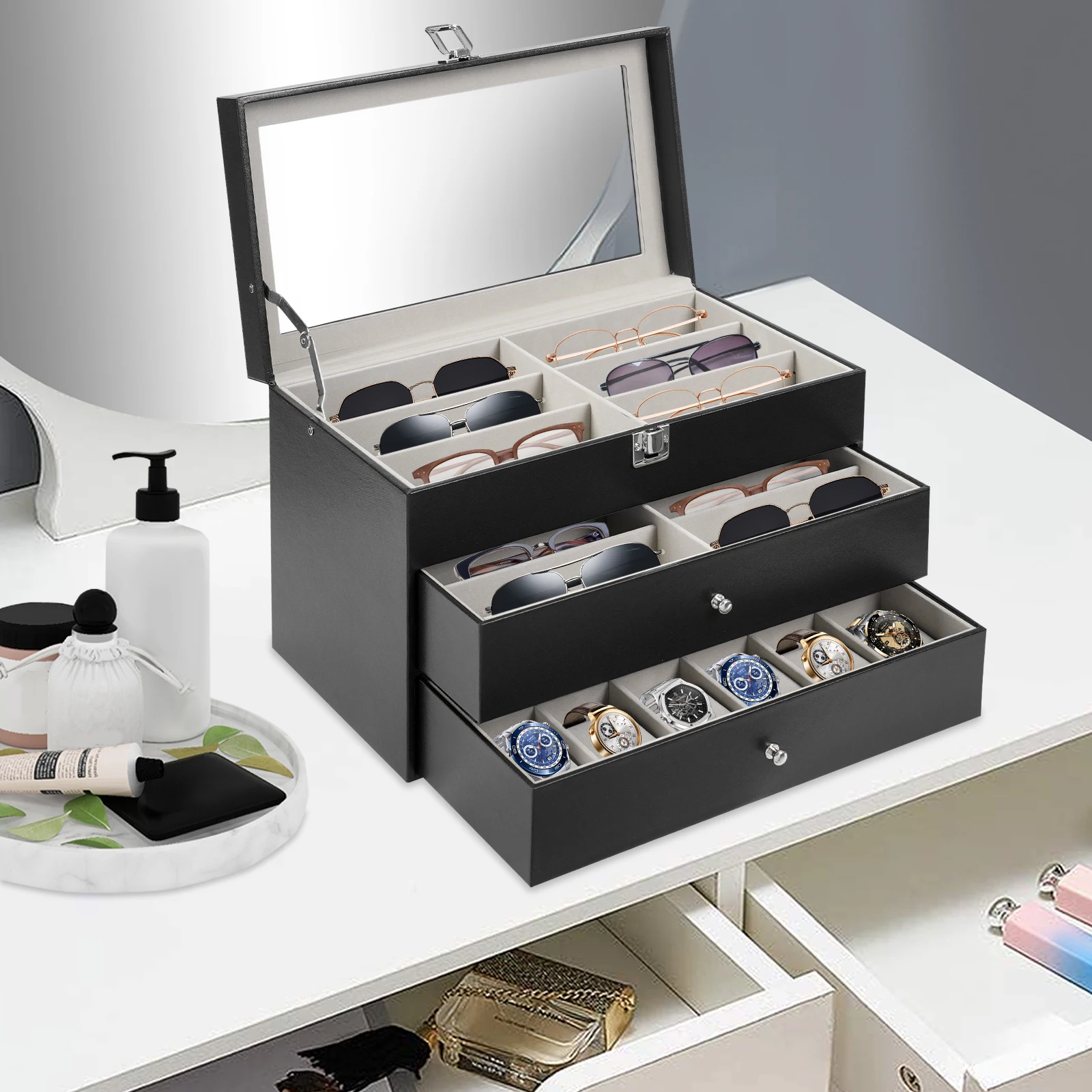 24Well-designed Compartments Watch and Glasses Storage Case, Decoration Display Box with Glass Lid for Glasses, Watches, Jewelry
