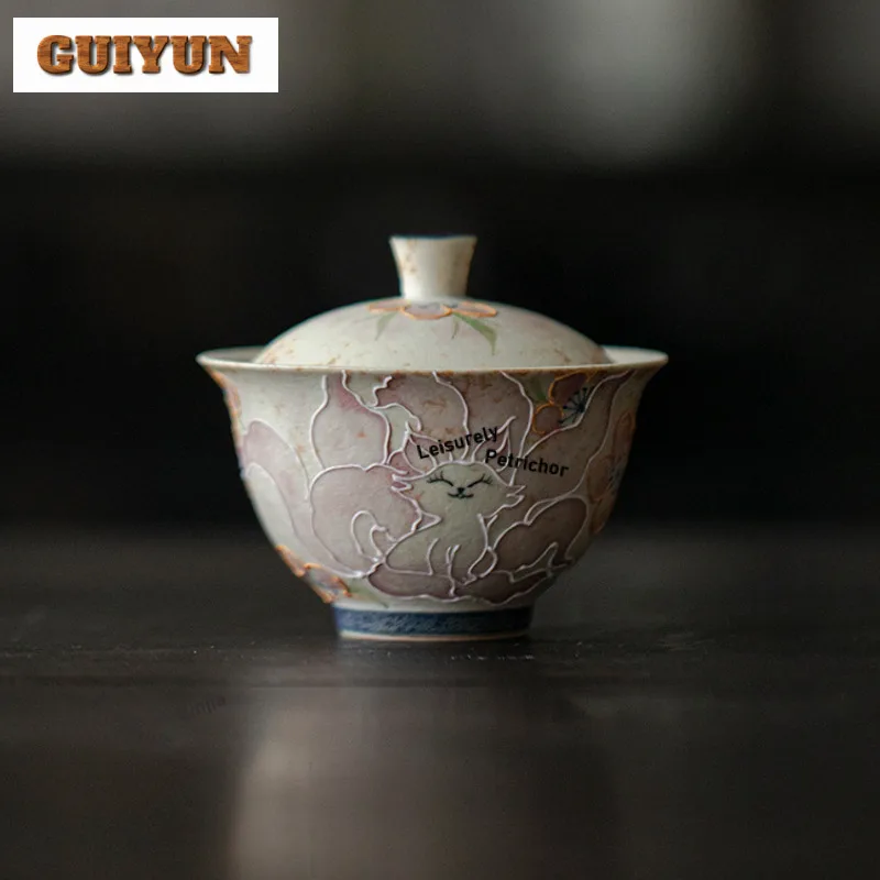 120ml Hand-painted Nine-tailed Fox Gaiwan Vintage Tea Tureen Tea Bowl With Lid Kit Tea Making Cover Bowl Teaware Supplies Craft