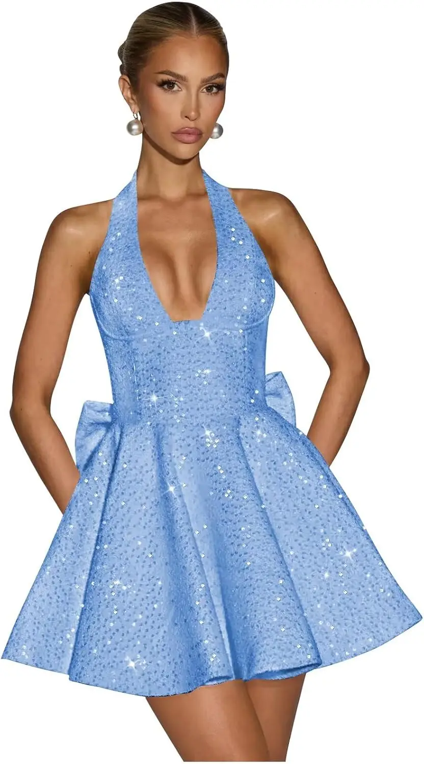 

Sparkly Sequin Homecoming Dresses for Teens Halter Neck Glitter Short Cocktail Party Dress with Bow Above Knee , Mini