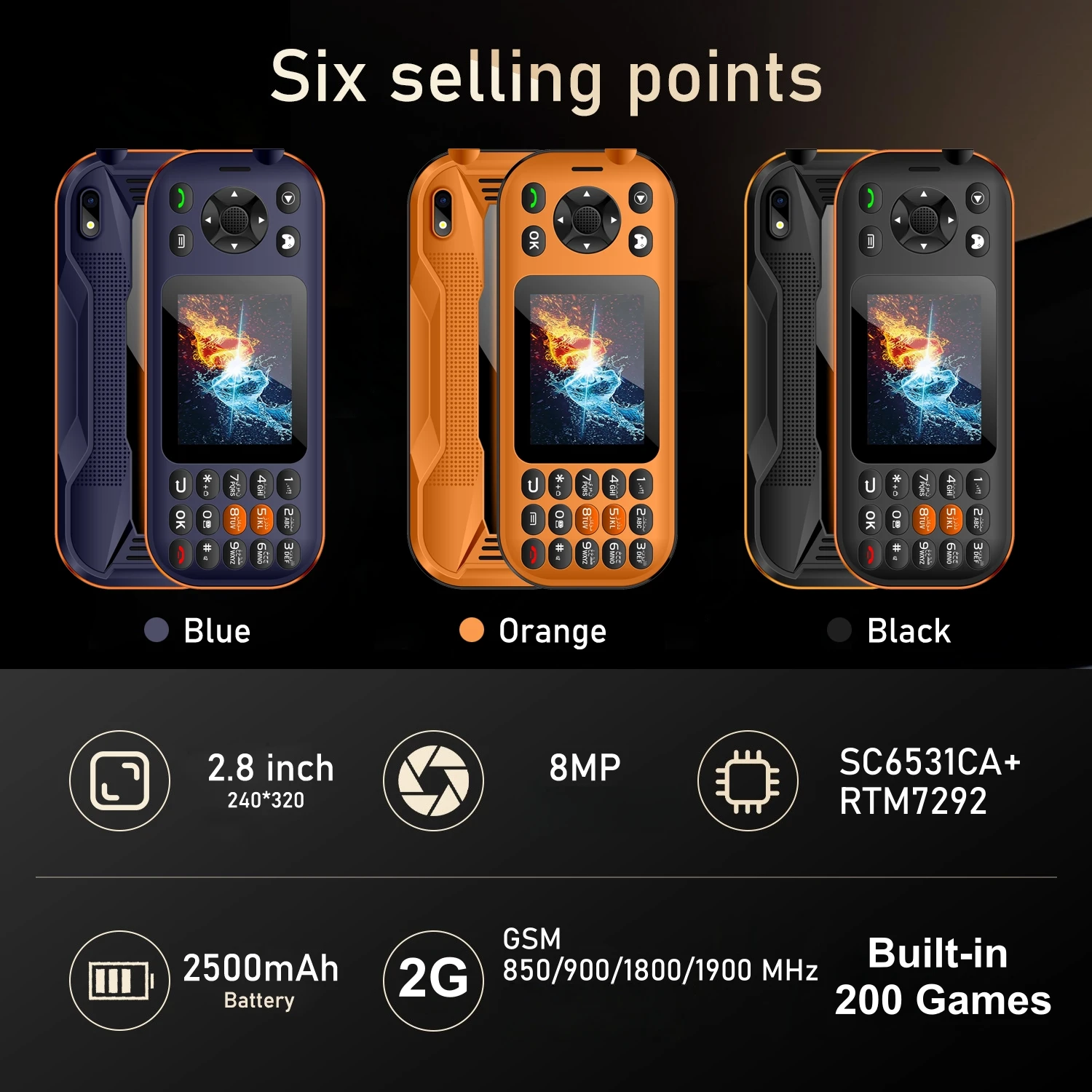 โทรศัพท์แบบปุ่มกด, โทรศัพท์เล่นเกมหน้าจอแนวนอน, รองรับสองซิม, หน้าจอ 2.8 นิ้ว, เกมในตัว 300 เกม, แบตเตอรี่ 2500mAh, อายุการใช้งานแบตเตอรี่ยาวนาน