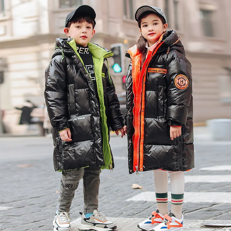 Winter Children Boys Duck Down Jacket Plus Velvet Thicken Nowash Junior Boys Outerwear Stickers Shiny Contrast Kis Boy Long Coat