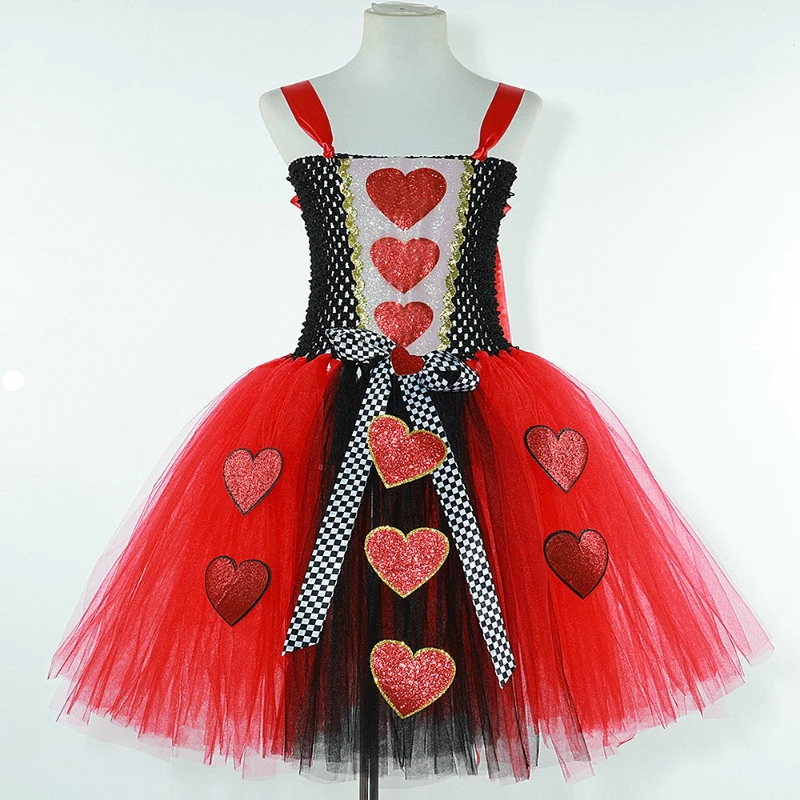 Kids Queen of Hearts Costume Girls Halloween Carnival Princess Dress Up Clothes Baby Girl Fancy Wonderland Red Queen Tutu Dress view 5