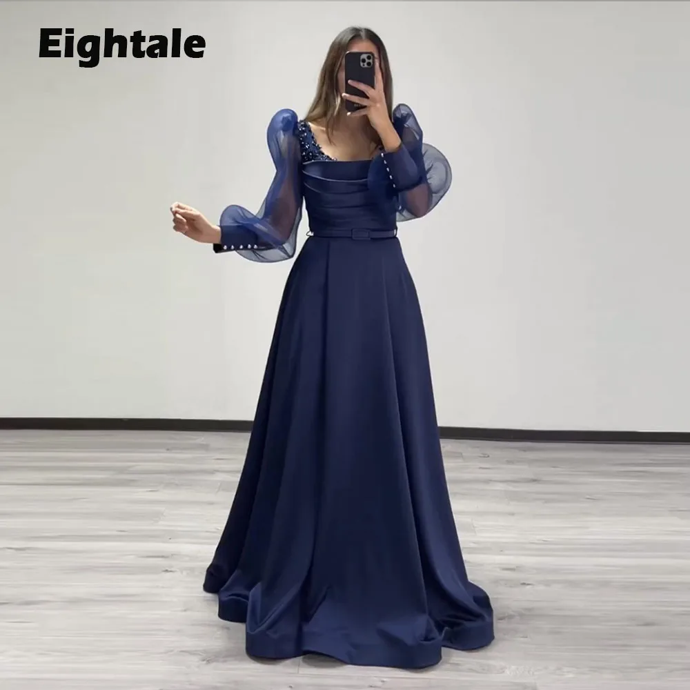 

Eightale Navy Blue Evening Dresses Appliques Beaded Long Sleeves Satin A-Line Formal Occasions Party Prom Gown robe de soirée