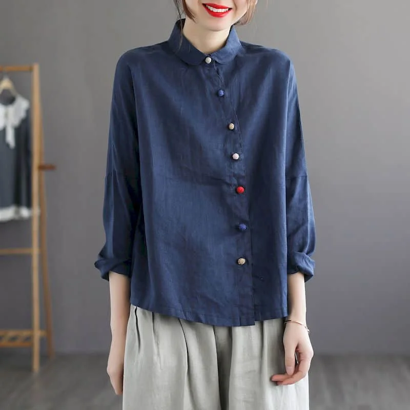 Cotton Linen Shirts Women Vintage Solid Polo-neck Loose Long Sleeve Casual Korean Style Single Breasted Blouse Women Office Tops