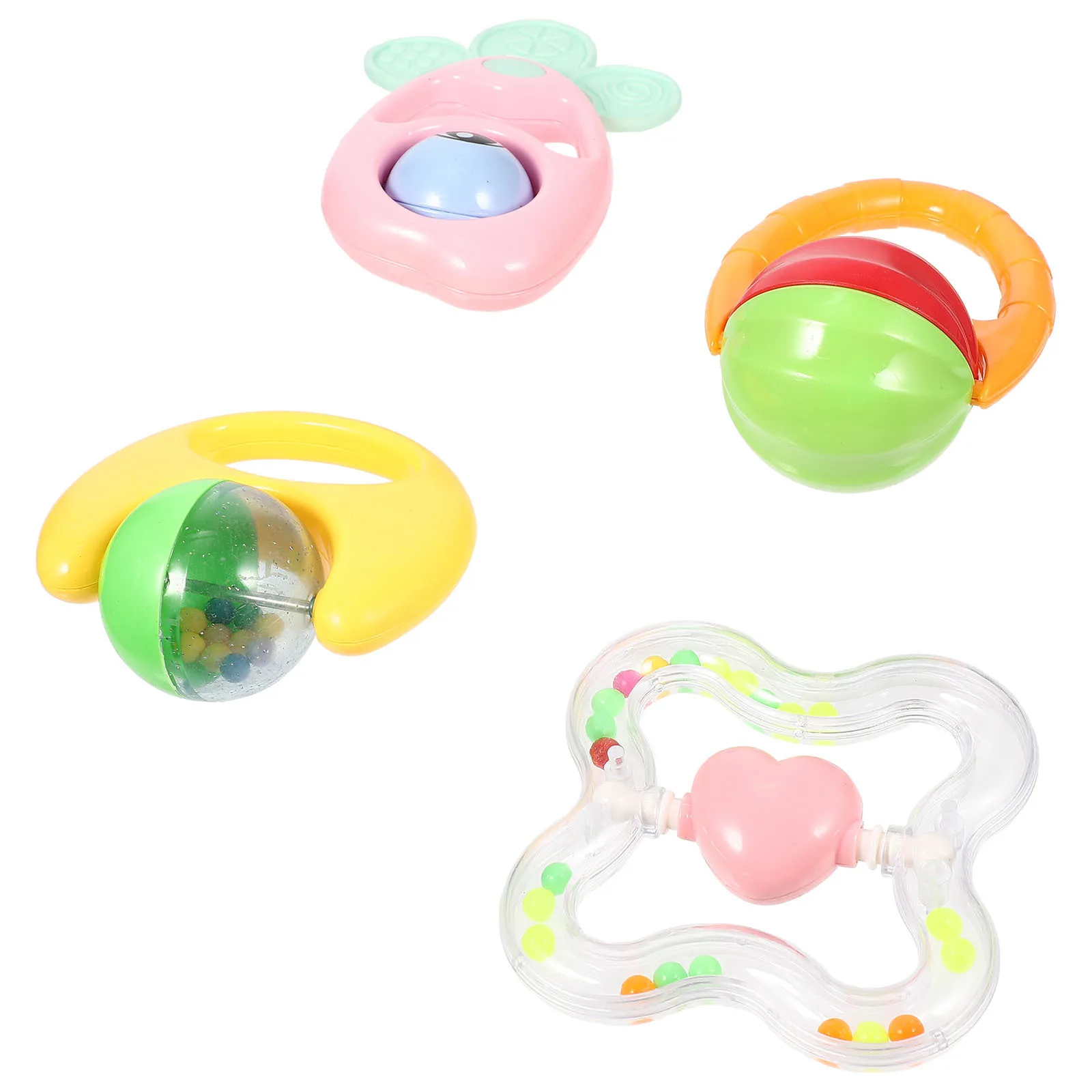 4개입 초기 교육용 딸랑이 아기 핸드벨 흔들리는 소리 장난감 유아용 플라스틱 딸랑이 작은 손잡이 치발기 아기용