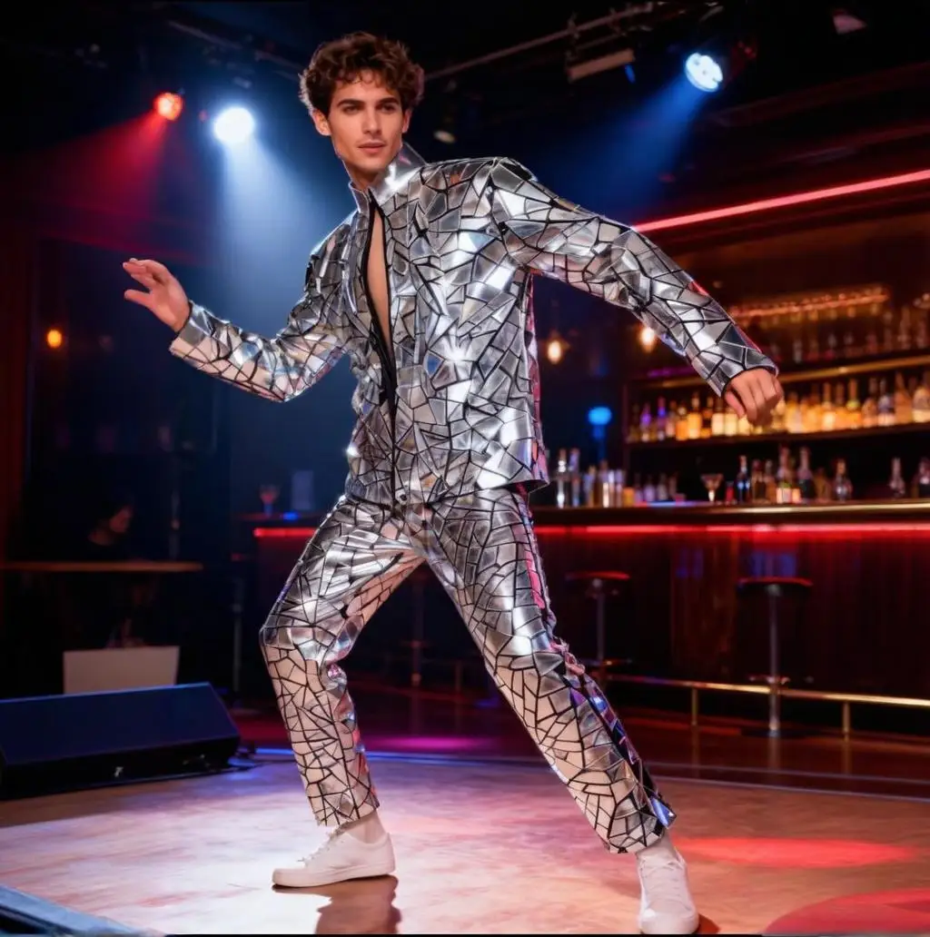 Traje de baile de jazz futurista para hombres, espectáculo láser reflectante holográfico, conjunto de ropa de escenario para actuación, fiesta cosplay