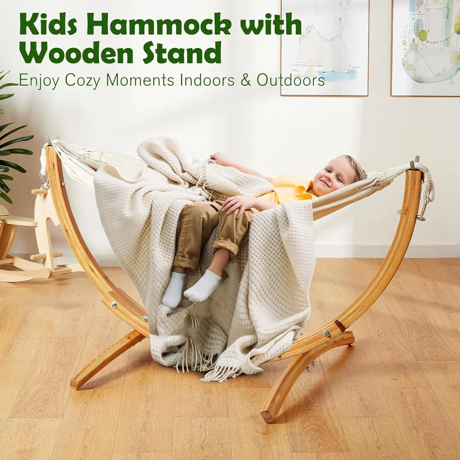 FUNLIO Wooden Hammock with Stand for Kids 3-5 Years, Premium Solid Wood Kids Hammock Chair Stand, Stable Structure, Wider & Long