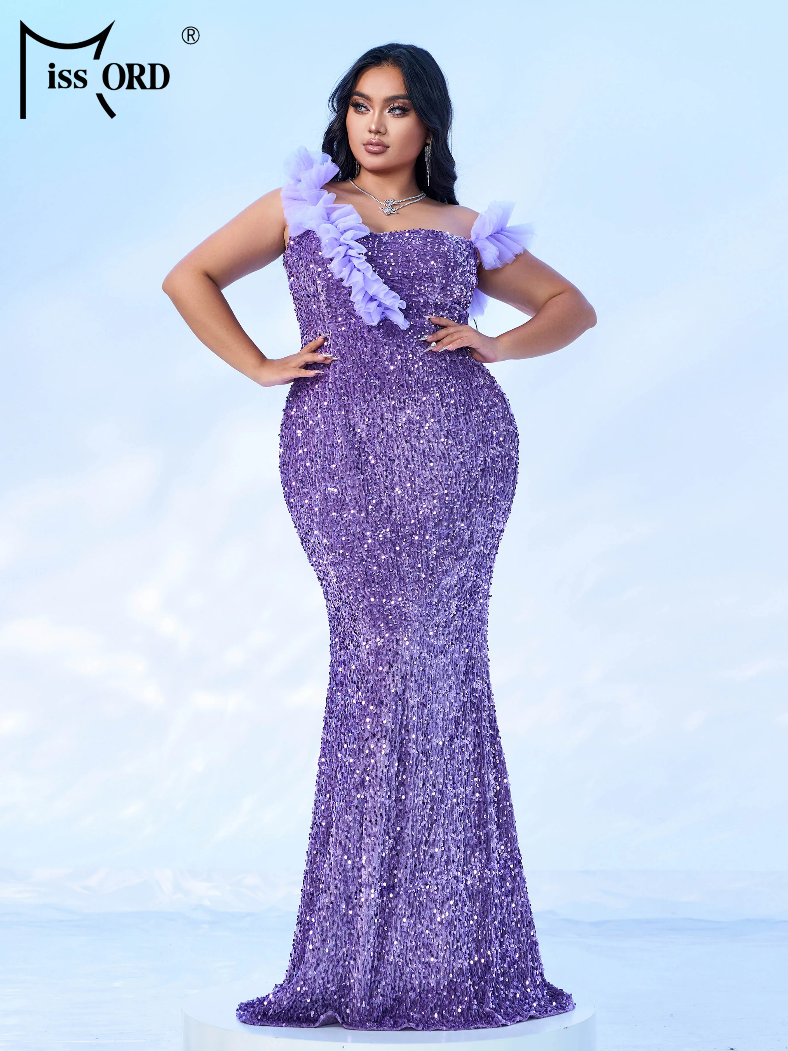 Missord Plus Size 2024 Purple One Shoulder Sequin Mermaid Evening Gown Wedding Birthday Party Floor Length Formal Occasion Dress