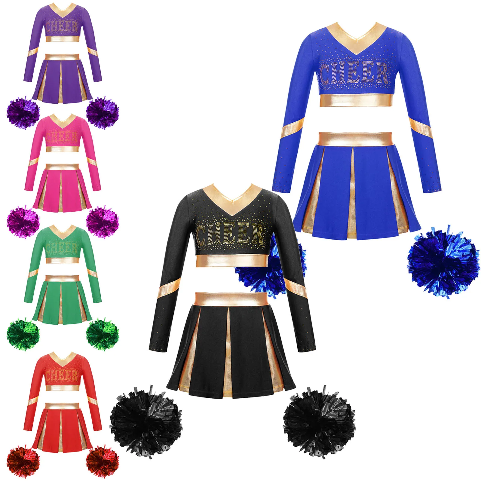 Kids Girls Cheer Dance Outfit Teens Cheerleading Uniforms with Hand Flowers Teen Dancewear Set for Children Performance Clothes
