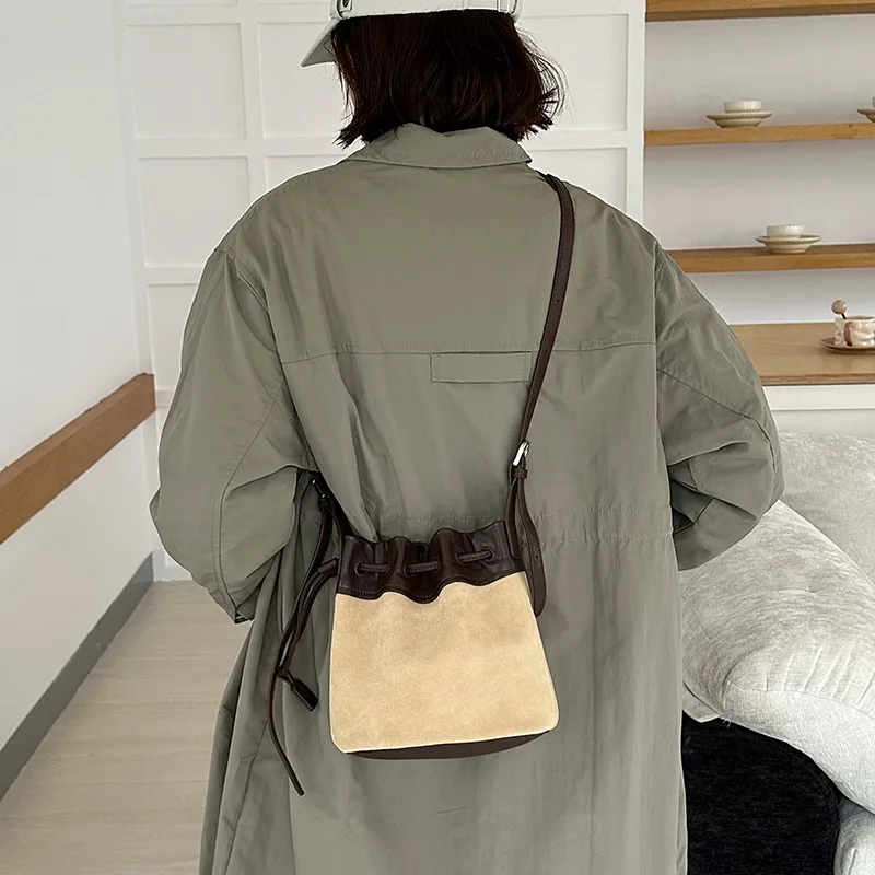 FIRMRANCH 2026 Autumn/Winter New Retro Frosted Leather Patchwork Bucket Purse Drawstring Design Crossbody Bag For Women