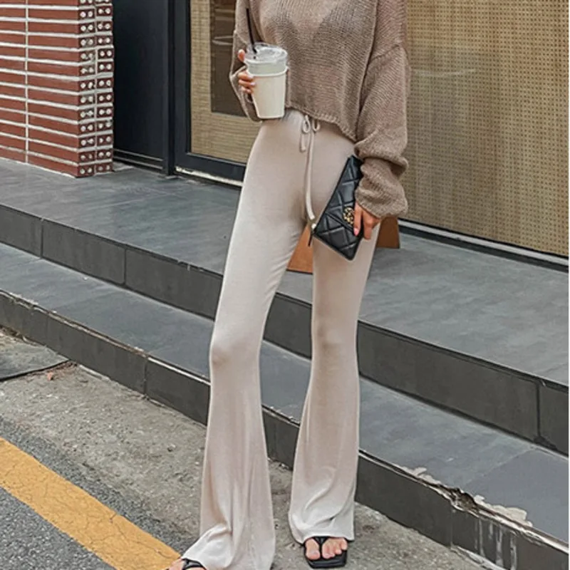 Summer Korean Version New Elastic Lace Up Cinching Waist Thin Flared Floor Pants Women Solid Casual Versatile Pants D631