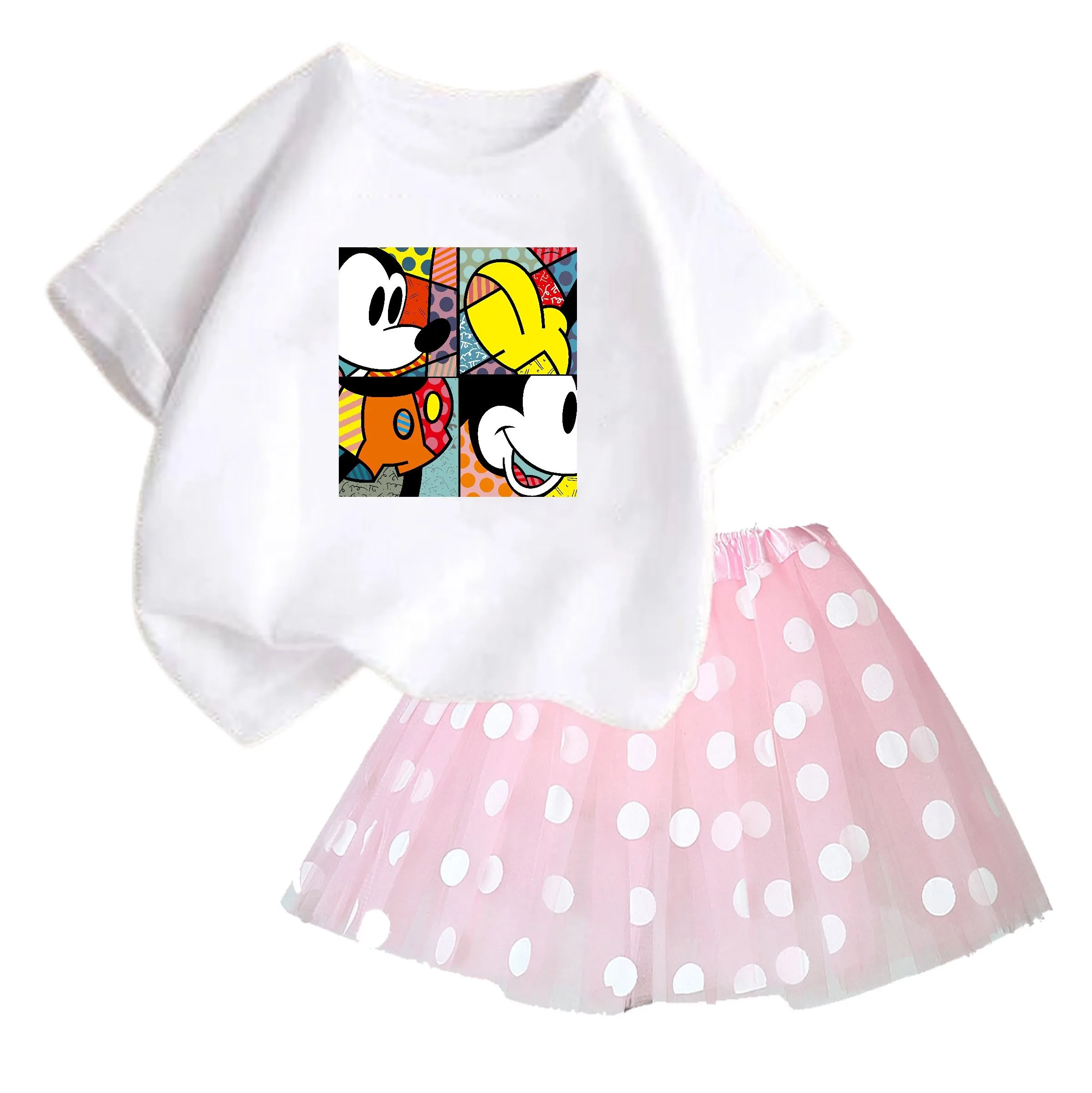 Summer Girls Disney Short Sleeve Top + Gauze Skirt Set Cartoon Cute Girls Princess Skirt Set Casual Set Girls Pompadour Skirt