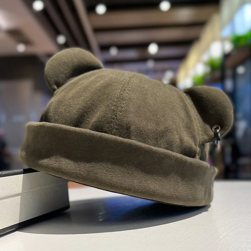 1PC Unisex Vermieter Hut Vintage Kuppel Melone Brimless Beanie Cap Mode Bären Ohren Eisen Hoop Einfarbig Hüte hip Hop Docker Caps – Detail 6
