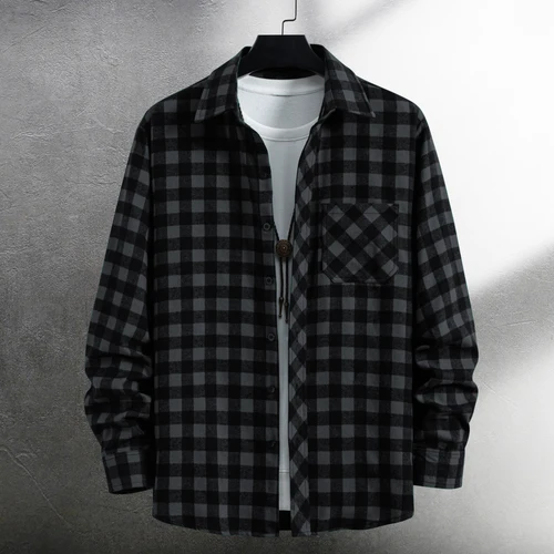 Imagen 2 del producto Camisa a cuadros de manga larga con solapa que combina con todo para hombre, camisa informal de moda para primavera y otoño para exteriores