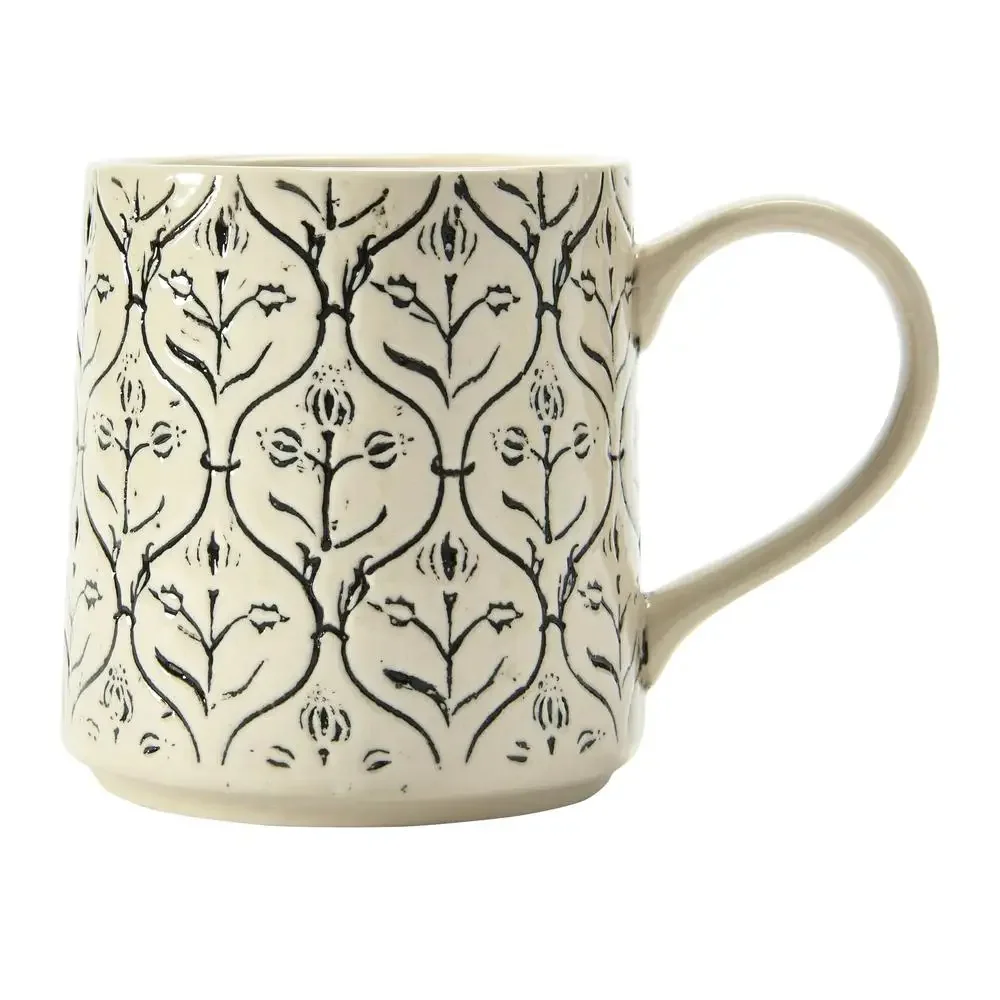 Hand-Stamped Stoneware Mug Set Intricate Embossed Patterns Modern Tabletop