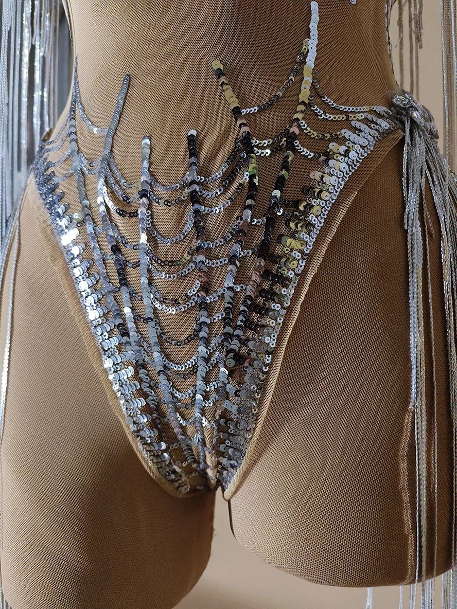 2025 Sequin Tassels Bodysuit Adult Women Jazz Dance Performance Clothing Stretch Jumpsuit Nightclub Gogo Dancer Costume yj335