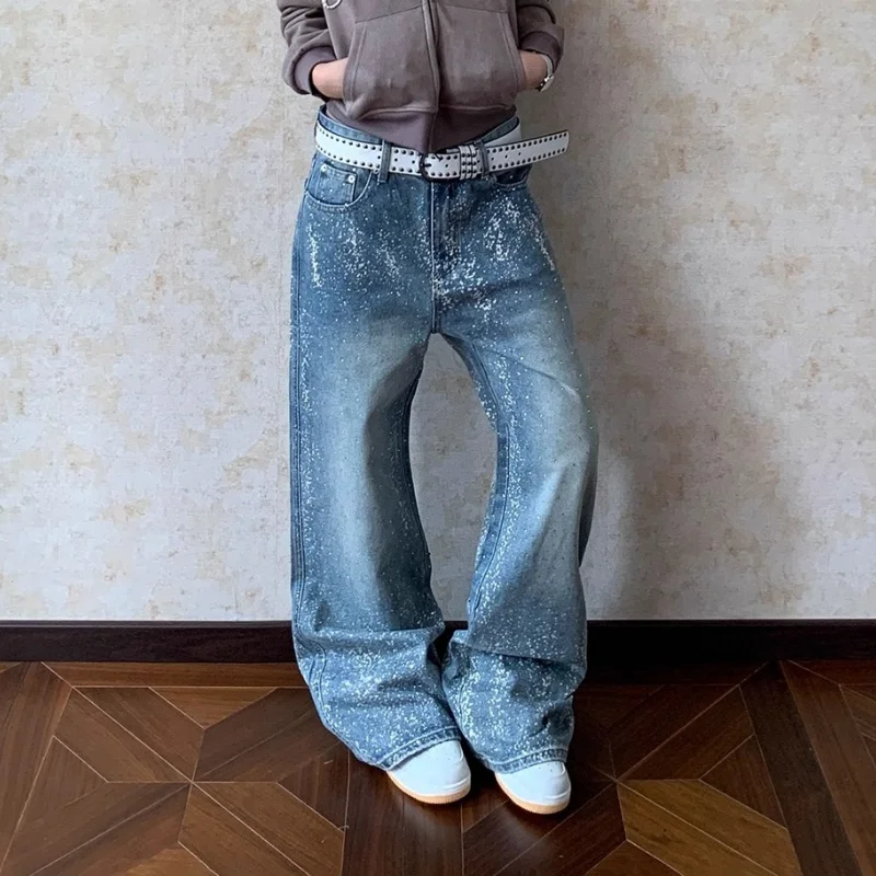 

Ropa Y2K, модные, звездное небо, горячая фиксация, стразы, синие мешковатые женские джинсы, брюки, женская одежда, прямые джинсовые брюки