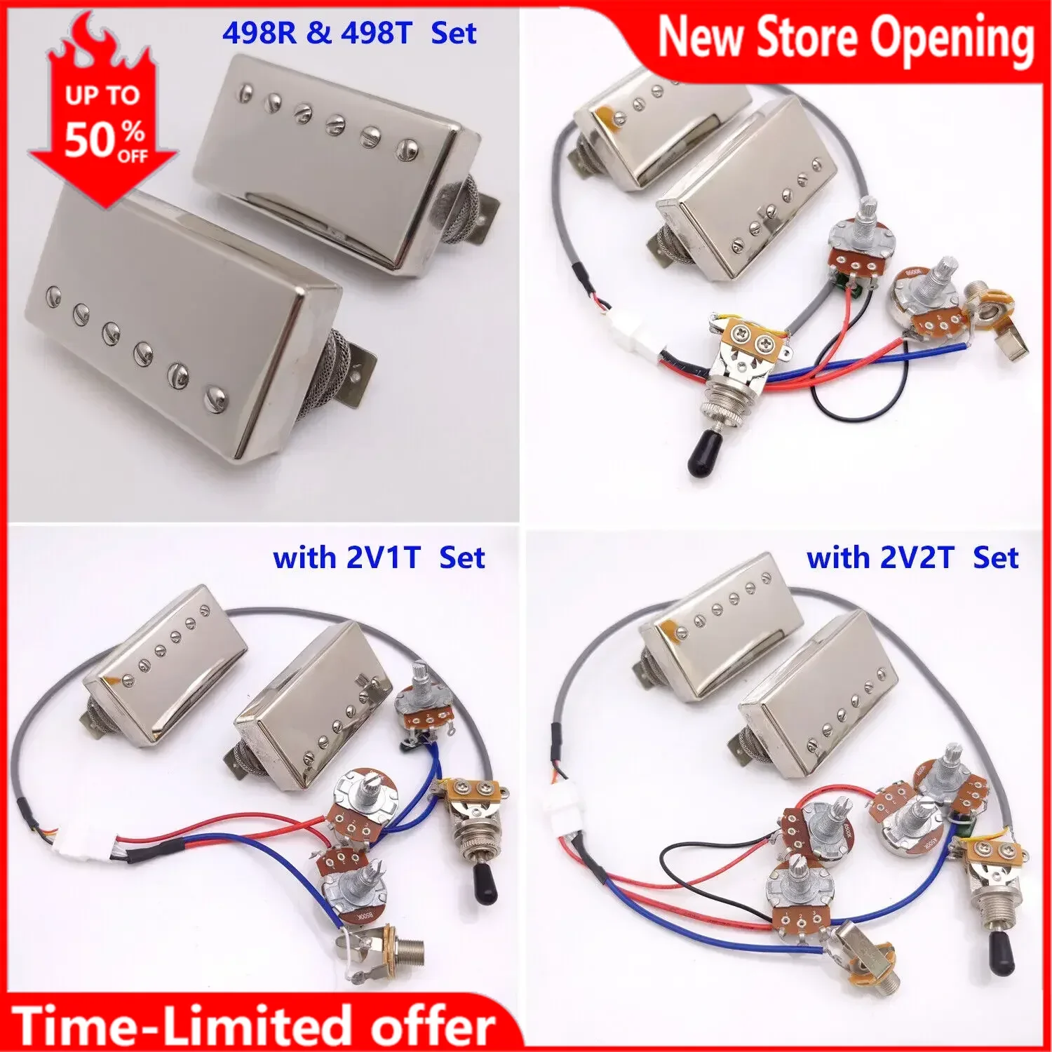 

Guitar Pickups Alnico V 498R 498T Humbucker Pickups Set with 2Conductor Wiring Harness 1V1T/2V1T/2V2T for LP Style Guitar Parts