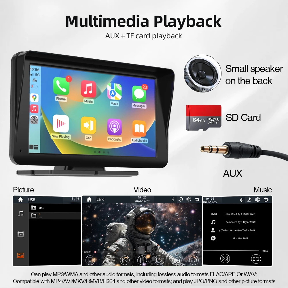 AKAMATE 7inch Universal Car Radio Monitor CarPlay Android Auto Multimedia Player Bluetooth AUX TF Card IPS Screen Video Play