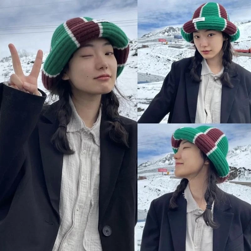 الكورية الأزياء مخطط جولة محبوك قبعة الشتاء قبعة صغيرة محبوكة توالت الكفة ميناء القبعات قبعة سكولي كاب في الهواء الطلق #4
