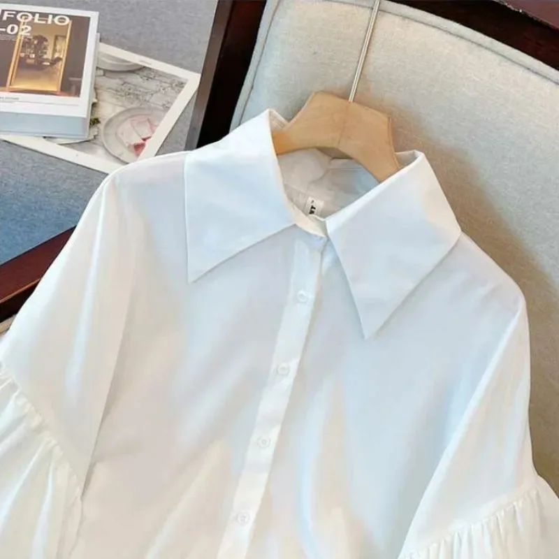 2024 Camisas De Mujer Chiffon White Blouse for Women Loose Vintage Korean Shirts Single Breasted Lantern Sleeve Summer Tops