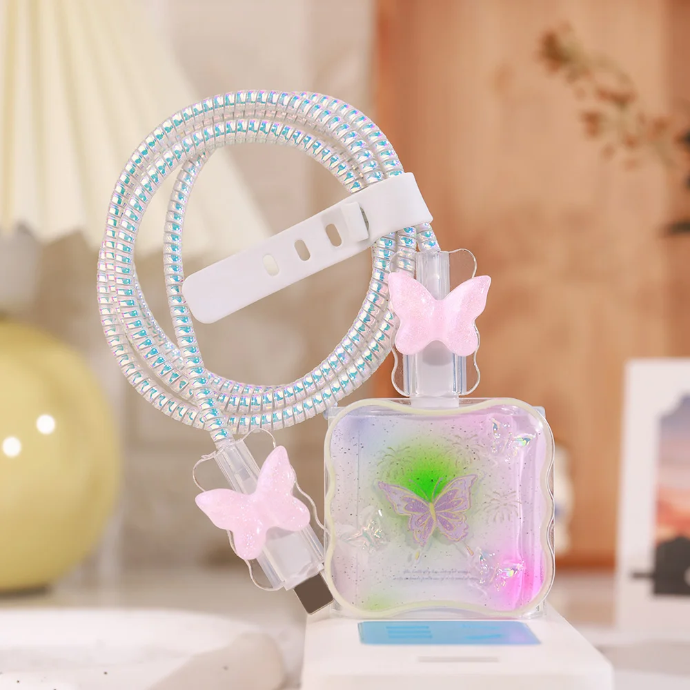 Korean Cute 3D Exploy Butterfly USB Cable Protector Cover For iPhone 18W-20W Data Line Bite Head Cord Flower Fast Charging Case