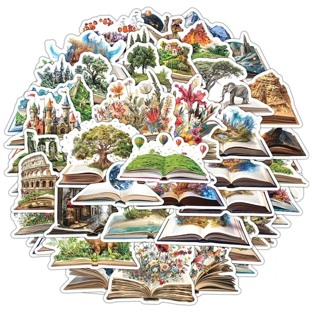 10/25/50pcs Open Book Landscape Stickers Peel & Stick Vinyl World Travel Decals DIY for Laptop Water Bottle Phone Case Scrapbook