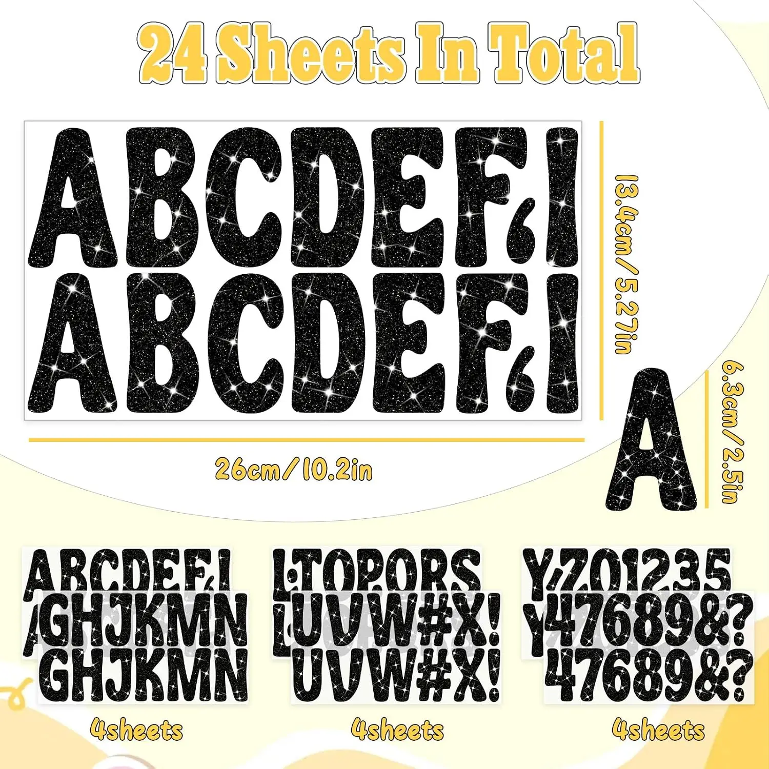 352Pcs 2.5 Inch Black Glitter Bulletin Board Letters, 24 Sheets Self‑Adhesive Letter Number Stickers for Poster, Mailbox