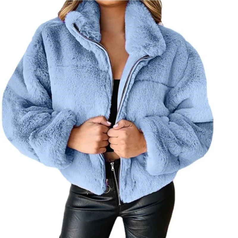 Nowe damskie krótkie płaszcze z imitacji futra na jesień i zimę, rozpinane na zamek, pluszowe ciepłe kurtki, damska odzież wierzchnia oversize, gruby płaszcz.