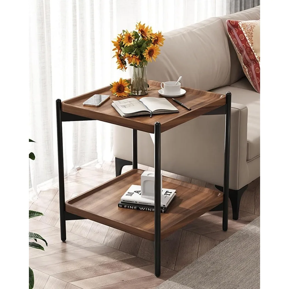

2 Tier Side Table, Small Square End Table with Sturdy Metal Legs, 20 inch Nightstand for Living Room, Bedroom, Office and Small