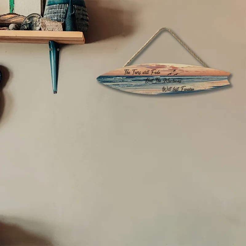 ديكور حائط على شكل لوح ركوب الأمواج على الشاطئ - فن المناظر البحرية الاستوائية على مادة تشبه الخشب - تصميم خفيف للاستخدام الداخلي/الخارجي