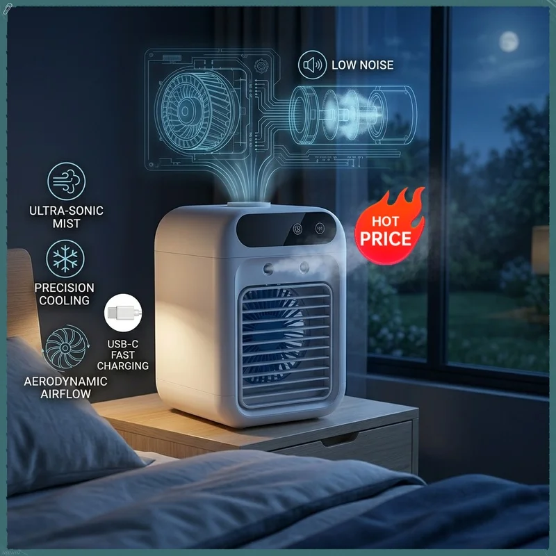 Portable mini desktop air conditioner fan, low noise, powerful humidifier and cooling function, USB charging, transparent design