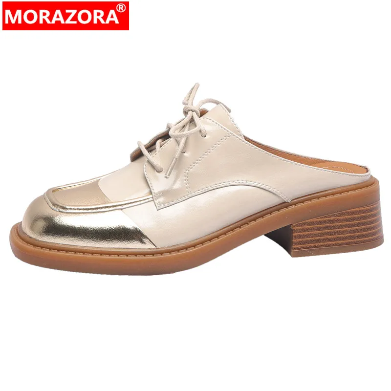 

MORAZORA New Mixed Colors Genuine Leather Woman Slippers 2024 Lace Up Ladies Casual Platform Shoes Square Med Heels Slippers