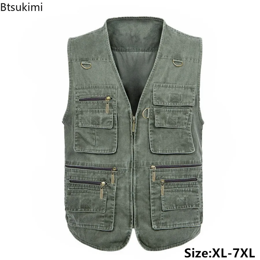 Men's Cotton Sleeveless Denim Vest Multi Pocket Men Outdoor Casual Fishing Photography Waistcoat with 16 Pockets 6XL 7XLBig Size