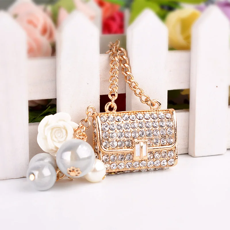 Creative Pearl Rhinestone Keyrings Handbag Design Key Chain Car Key Ring Women\'s Bag Charm Pendant Fashion Keychains Trinket