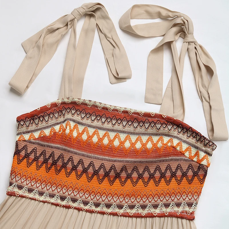 เดรสสายเดี่ยวปักลายสไตล์โบฮีเมียนสำหรับผู้หญิง เดรสยาวปานกลางทรงระบาย เหมาะสำหรับวันหยุดพักผ่อนฤดูร้อน งานปาร์ตี้ลำลอง สไตล์ชาติพันธุ์ ทรงเข้ารูป