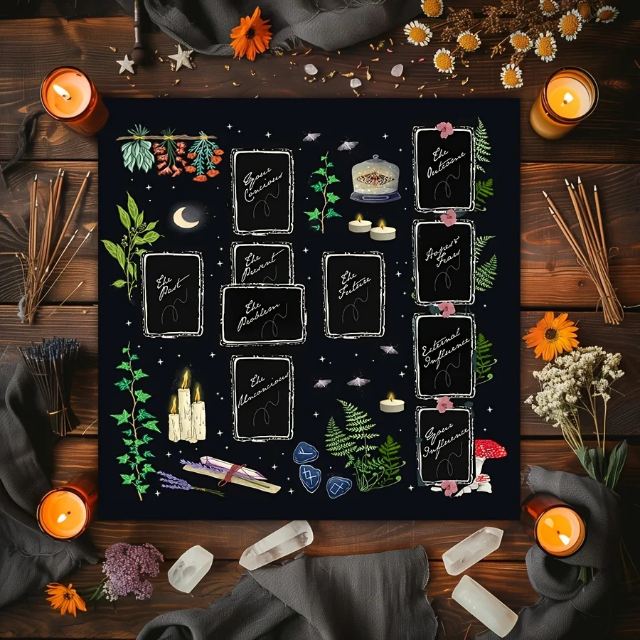 

VIKAMA Скатерть Таро с позиционированием времени прошлого настоящего будущего Zoning Водонепроницаемая церемония гадания Crystal Array Метафизика