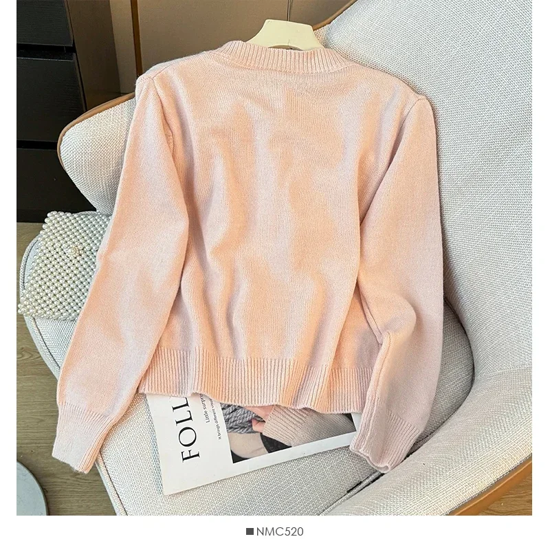 DAYIFUN Three Dimensional Bow Knit Cardigan Women's Solid Color Round Neck Single Breasted Sweater Autumn Short Style Daily Top