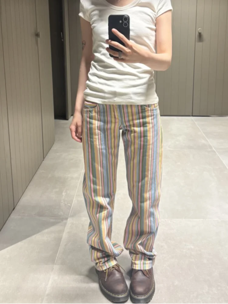 

Fashion Casual Bottom Color Striped Flared Jeans Middle Waist Side Pockets Wide Leg Multi-Color Vertical Striped Denim Trousers